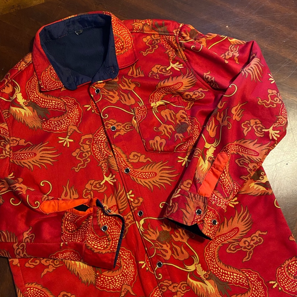 Red Dragon Print Men's Button Down Shirt